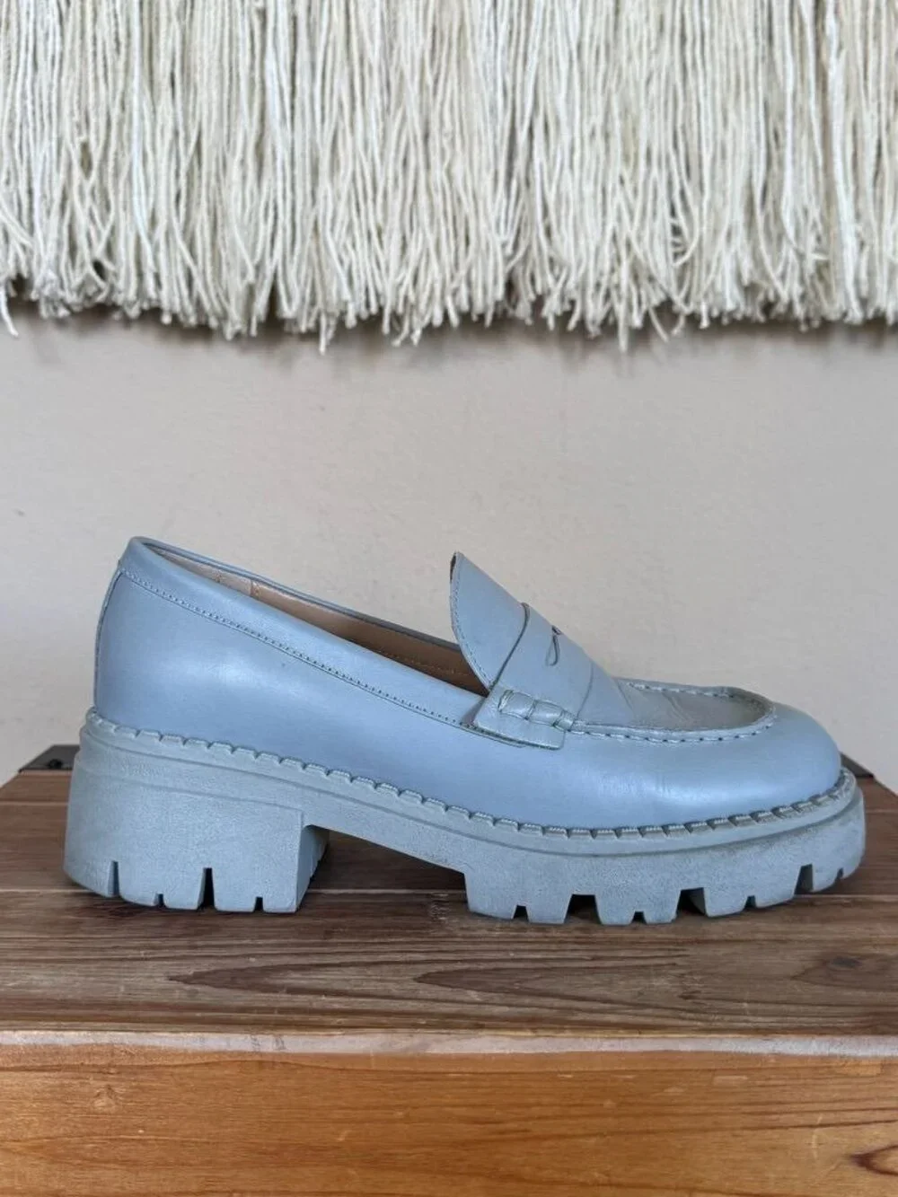 Free People Lyra Dusty Blue Genuine Leather Platform Lug Sole Loafer Size 8/38.5